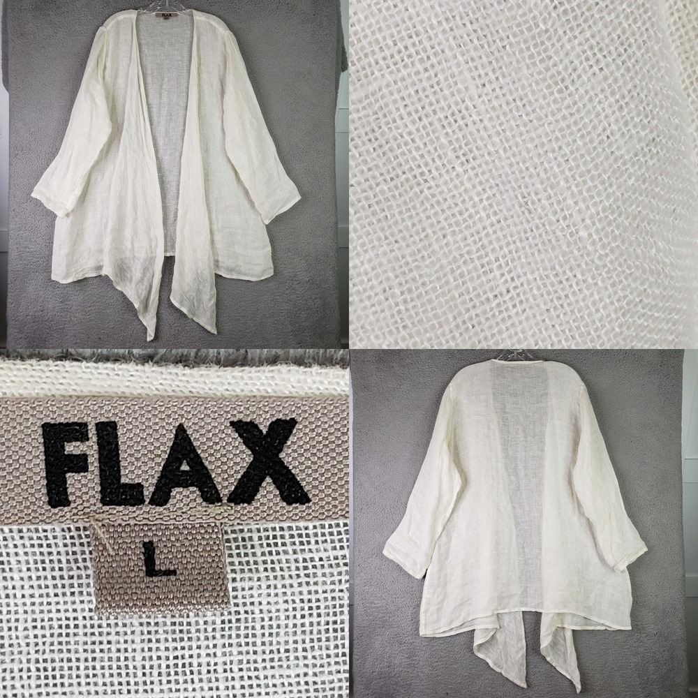 FLAX Linen Cardigan Womens L Ivory Open Front Drapey Gauze Lagenlook Layer